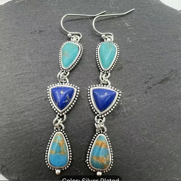 NWT Handmade Vintage Lapis & Turquoise Gemstone Dangle earrings - Picture 3 of 3